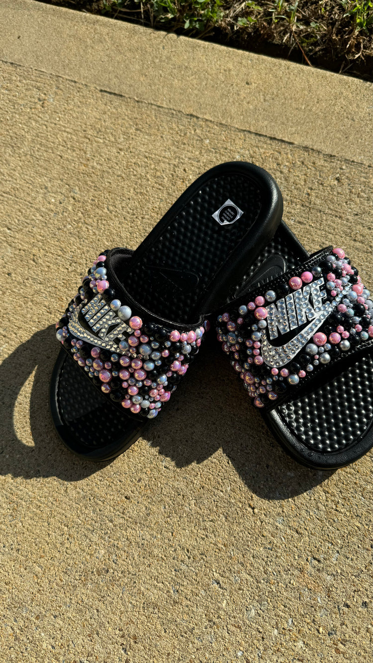 Pink, White, & Black Custom Bling Benassi Slides - Blooming Nuptials