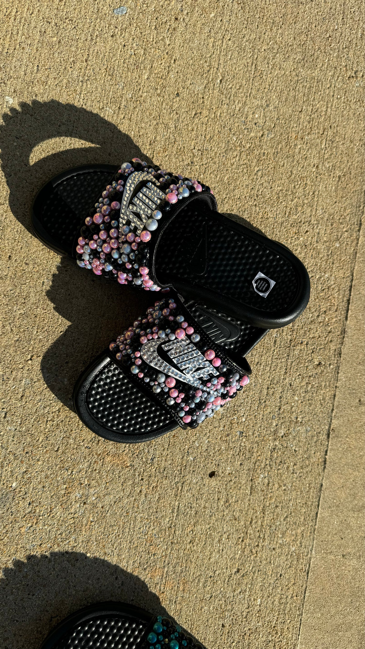 Pink, White, & Black Custom Bling Benassi Slides - Blooming Nuptials