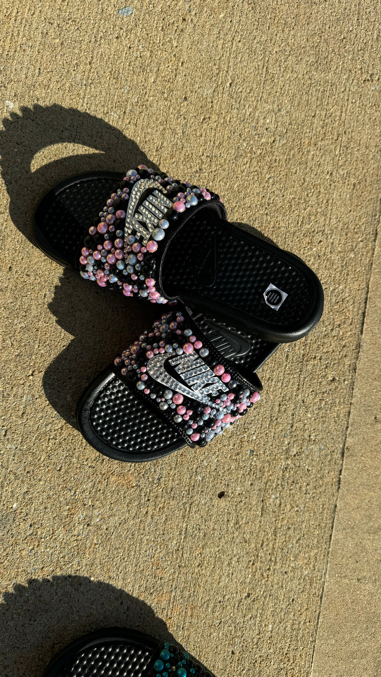 Pink, White, & Black Custom Bling Benassi Slides - Blooming Nuptials