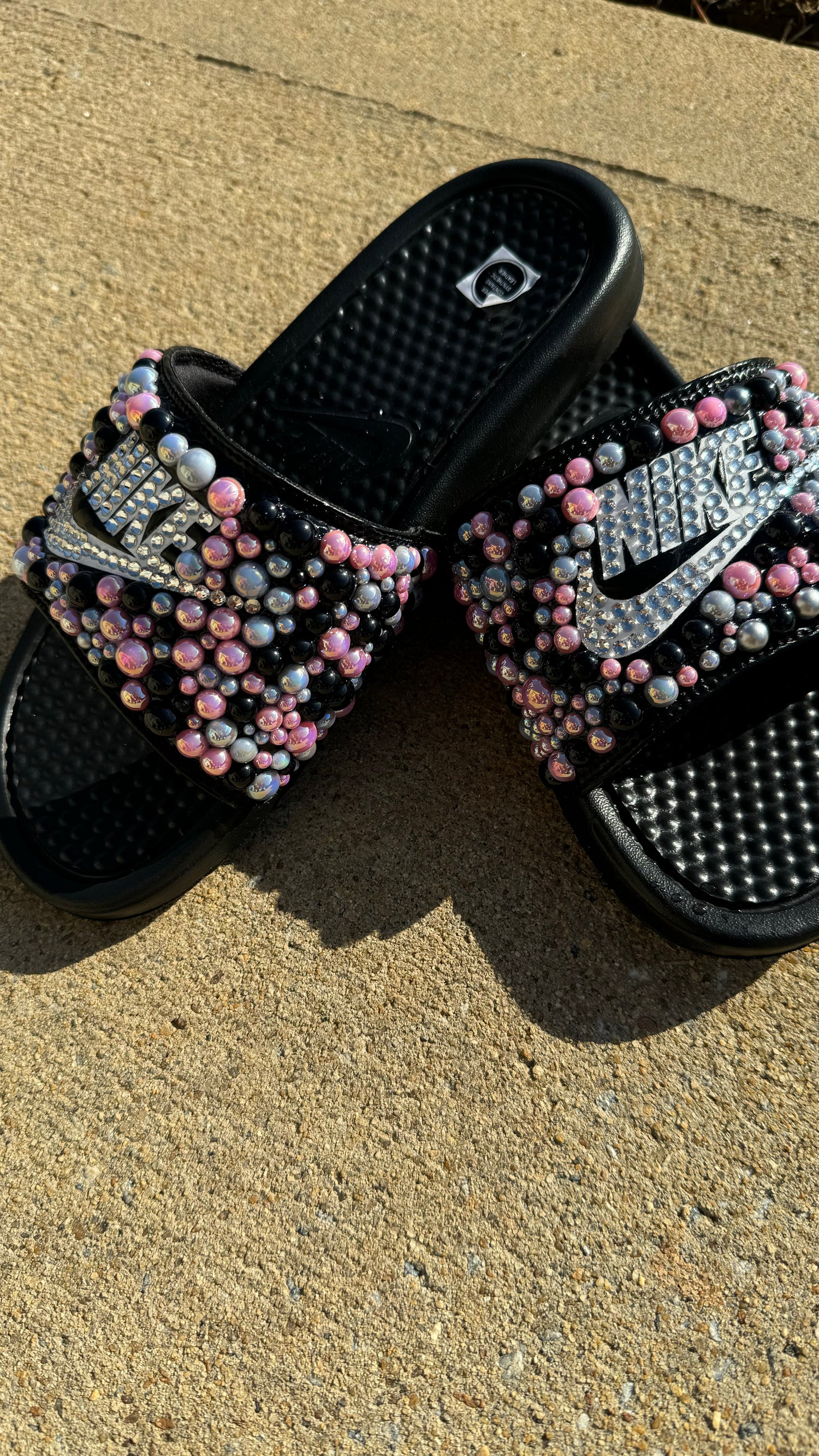 Pink, White, & Black Custom Bling Benassi Slides - Blooming Nuptials