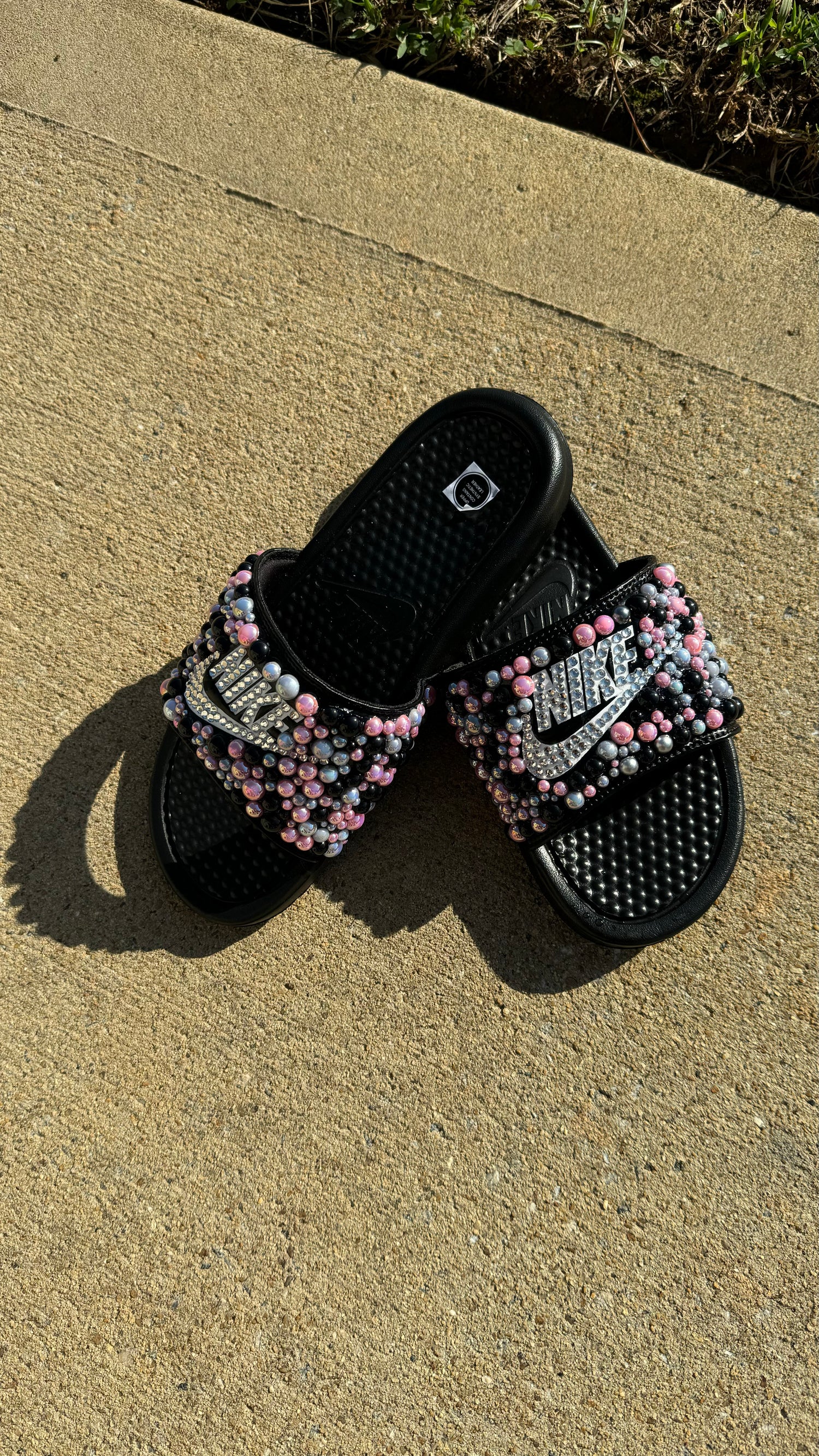 Pink, White, & Black Custom Bling Benassi Slides - Blooming Nuptials