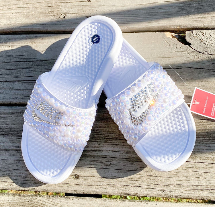 White Custom Bling Benassi Slides - Blooming Nuptials