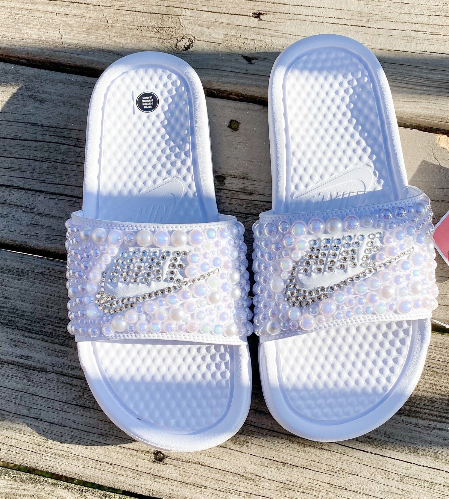 White Custom Bling Benassi Slides - Blooming Nuptials
