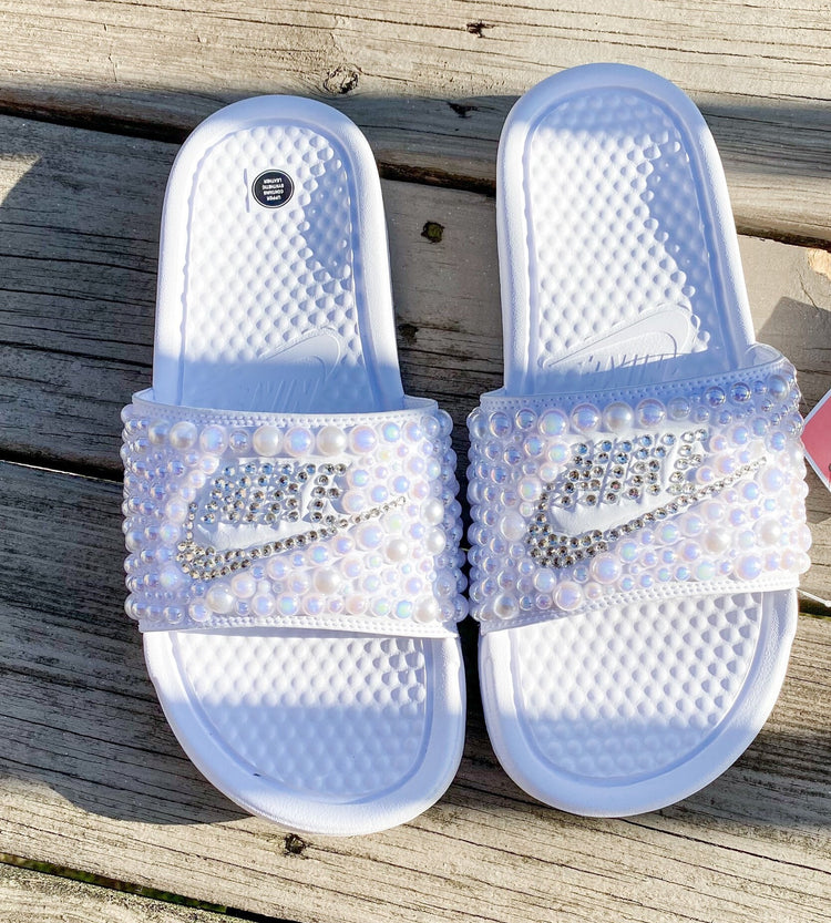 White Custom Bling Benassi Slides - Blooming Nuptials