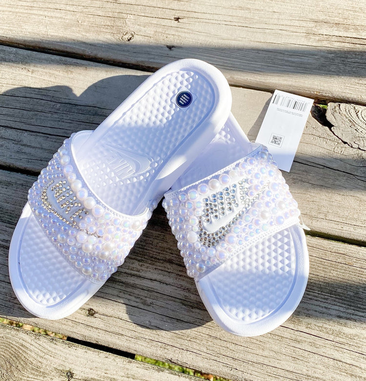 White Custom Bling Benassi Slides - Blooming Nuptials