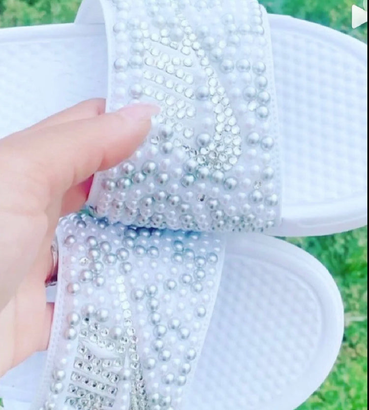 White Custom Bling Benassi Slides - Blooming Nuptials