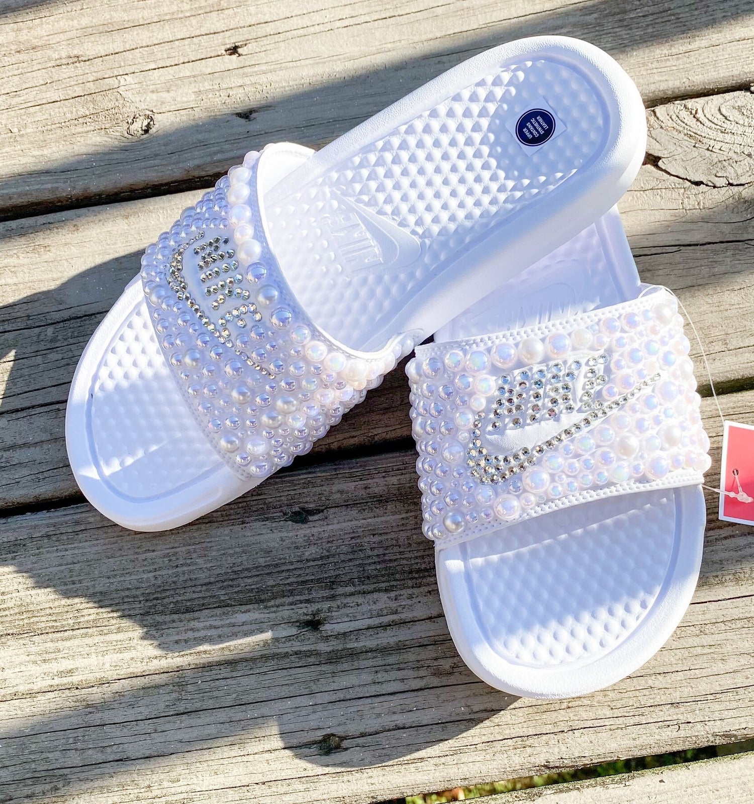 White Custom Bling Benassi Slides - Blooming Nuptials