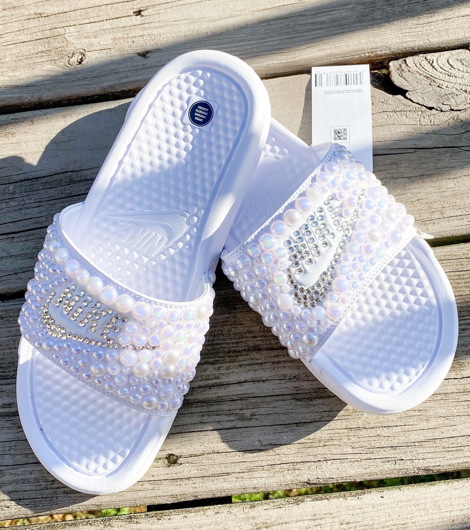 White Custom Bling Benassi Slides - Blooming Nuptials