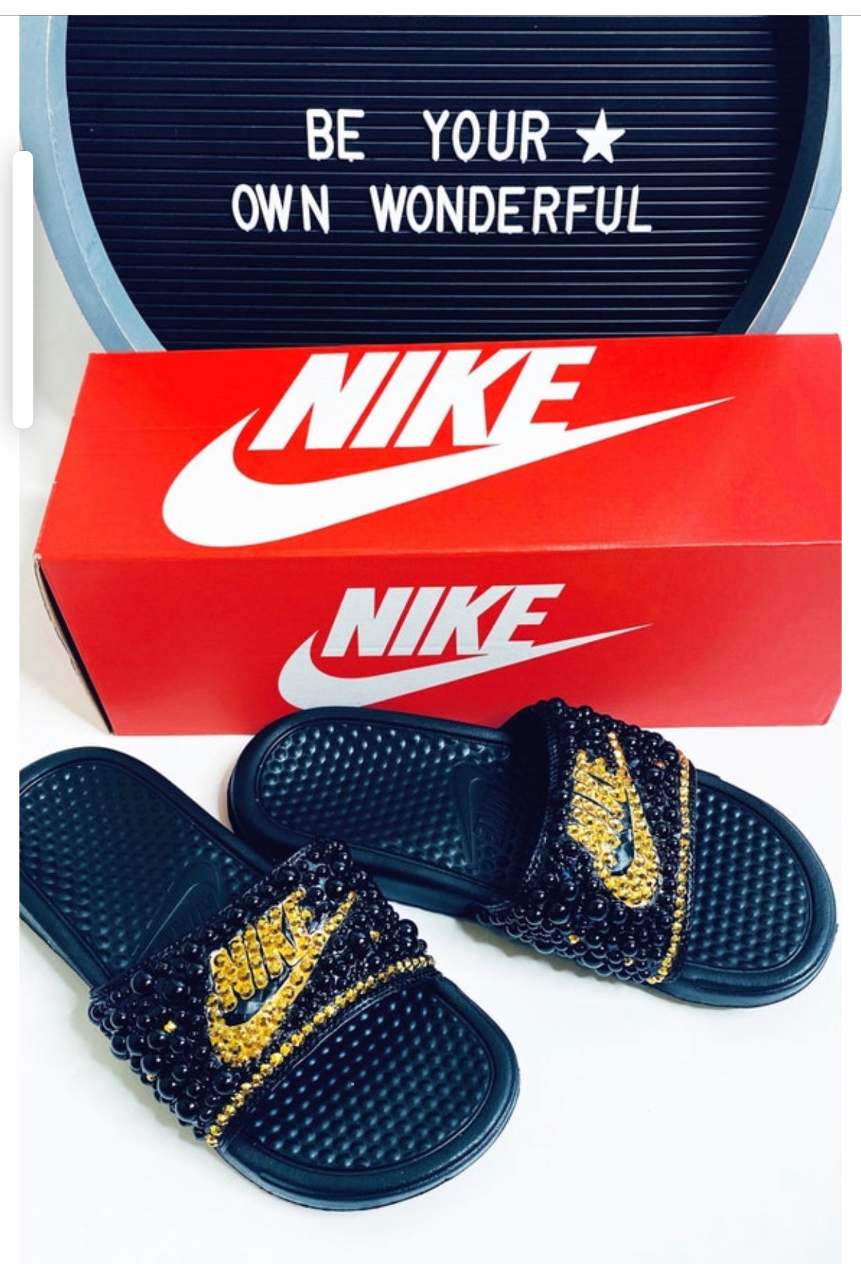 Black, & Gold Custom Bling Benassi Slides - Eluxe Creations