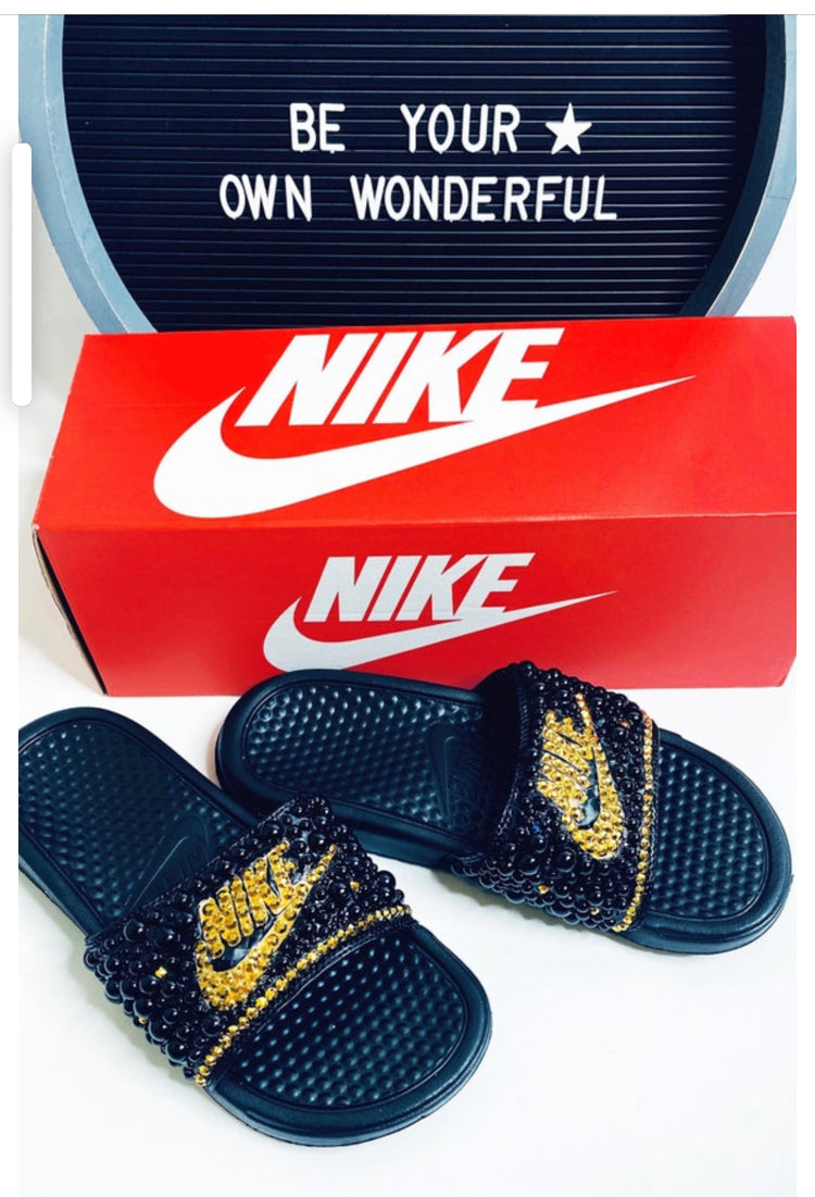 Black, & Gold Custom Bling Benassi Slides - Eluxe Creations