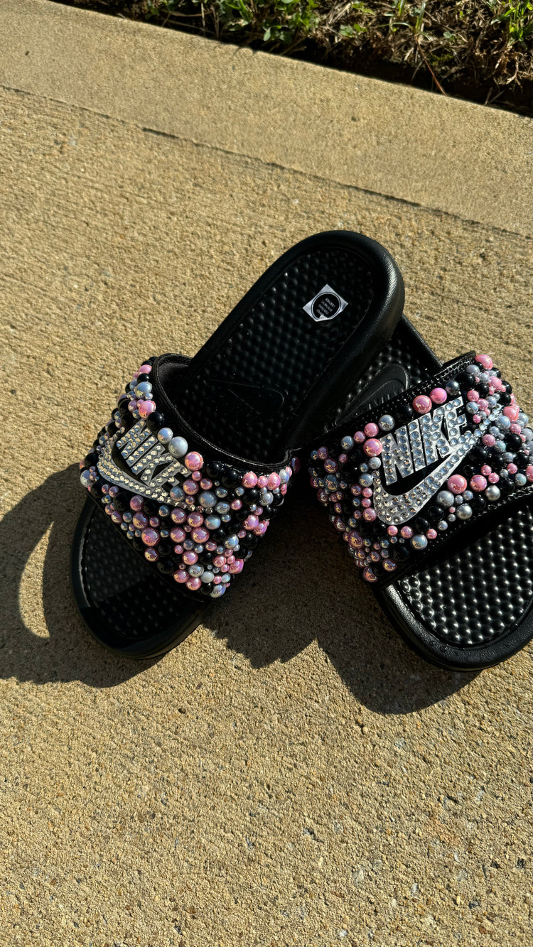 Pink, White, & Black Custom Bling Benassi Slides