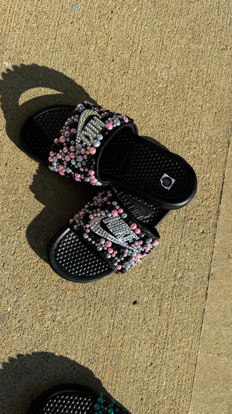 Pink, White, & Black Custom Bling Benassi Slides