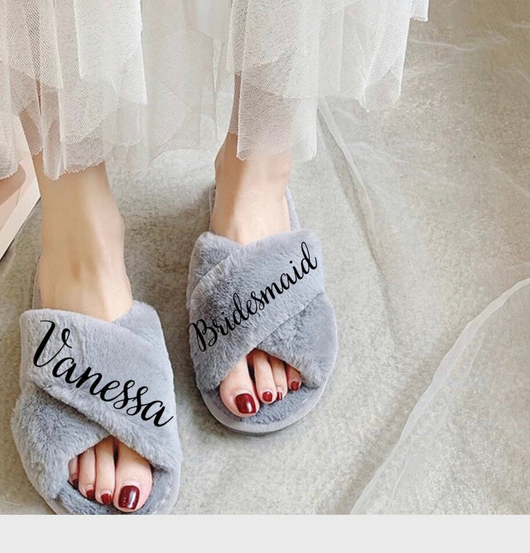 Personalized Bridal Shower Fluffy Slippers - Blooming Nuptials