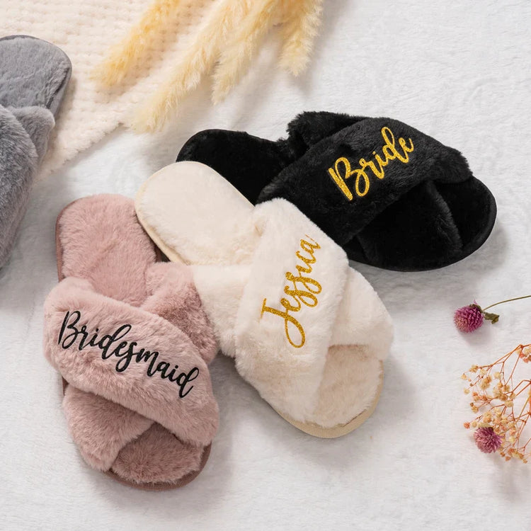 Personalized Bridal Shower Fluffy Slippers - Blooming Nuptials