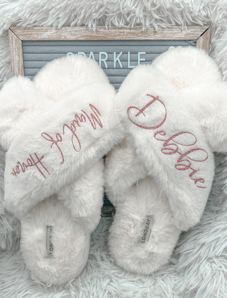 Personalized Bridal Shower Fluffy Slippers - Blooming Nuptials