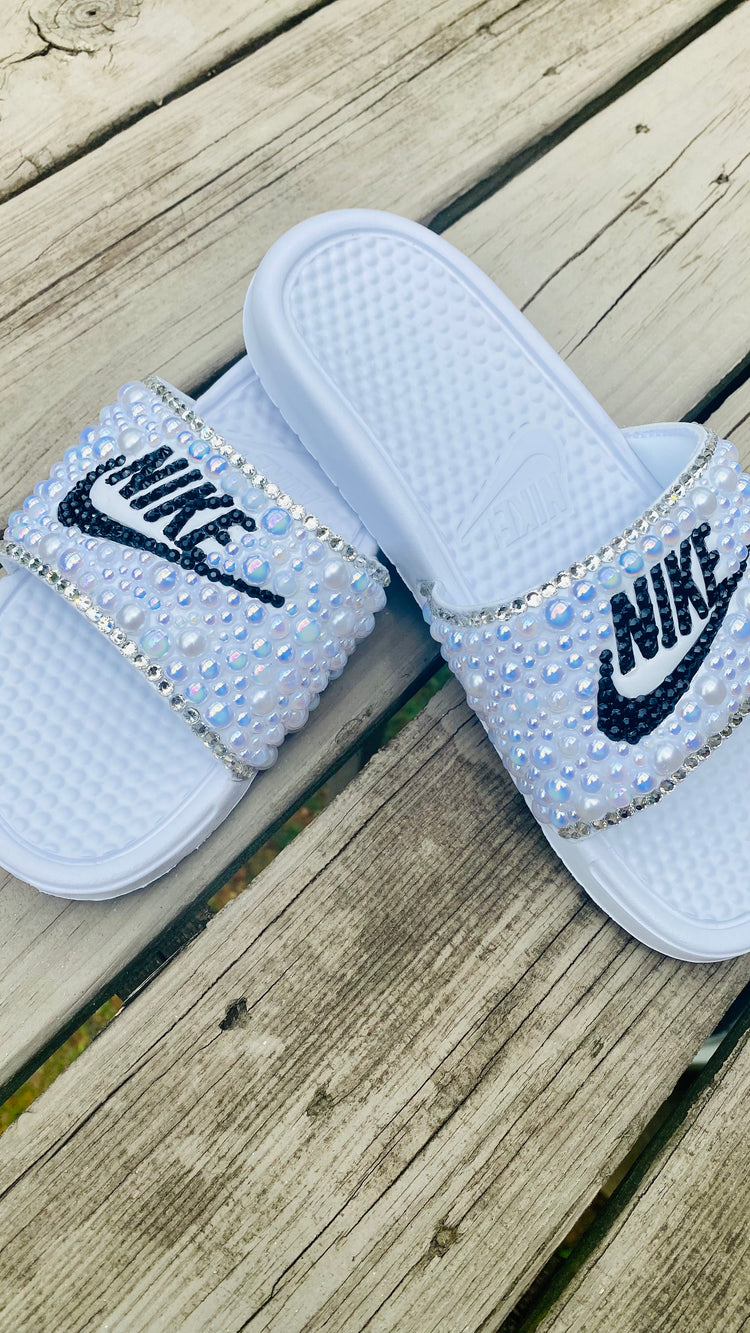 Black & White Custom Bling Benassi Slides - Blooming Nuptials