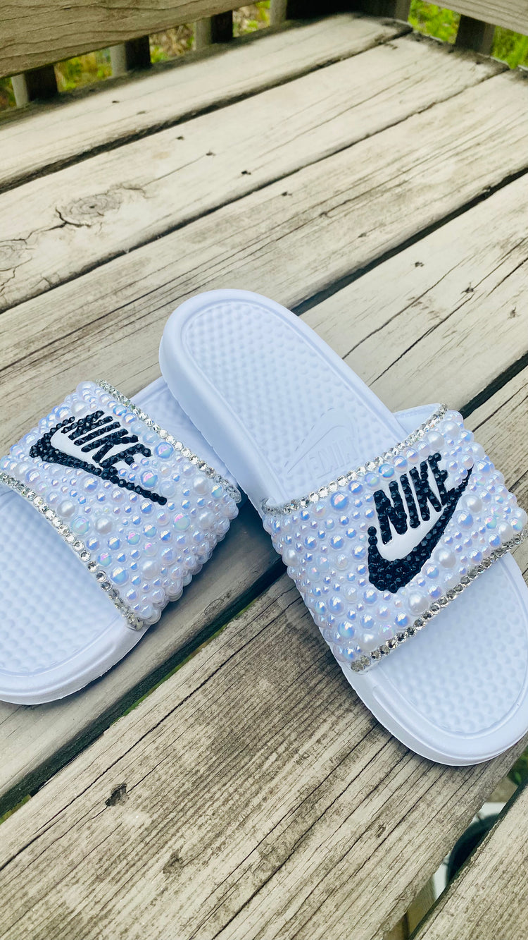 Black & White Custom Bling Benassi Slides - Blooming Nuptials