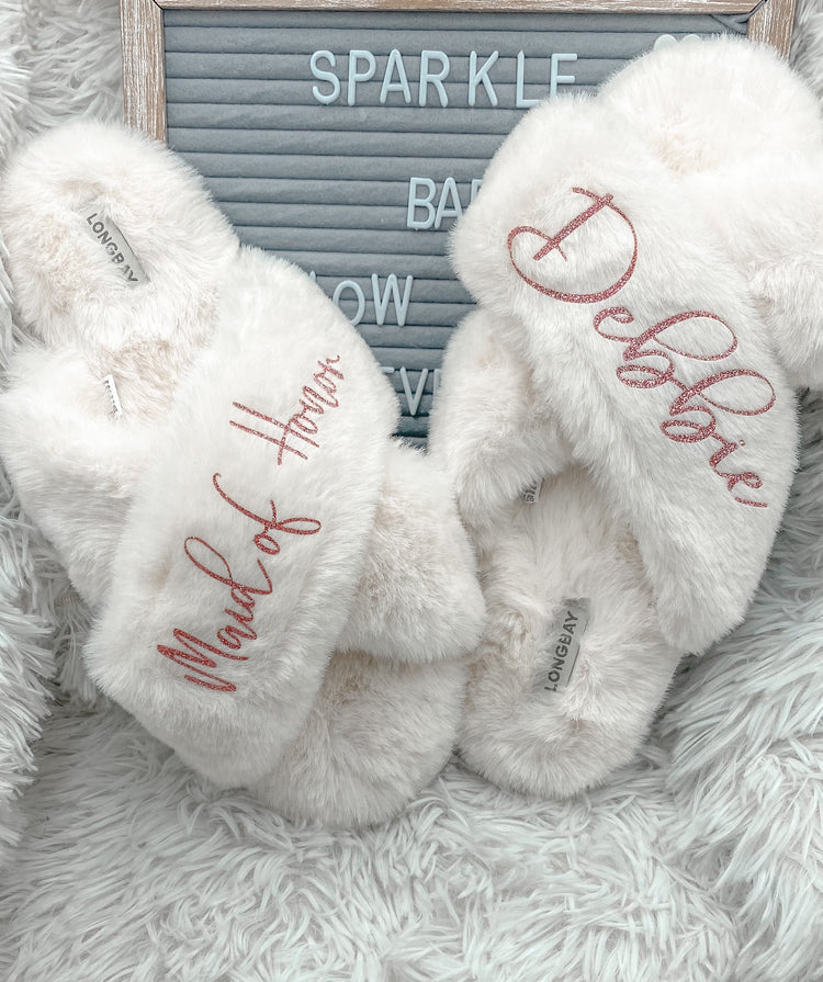 Personalized Bridal Shower Fluffy Slippers - Blooming Nuptials