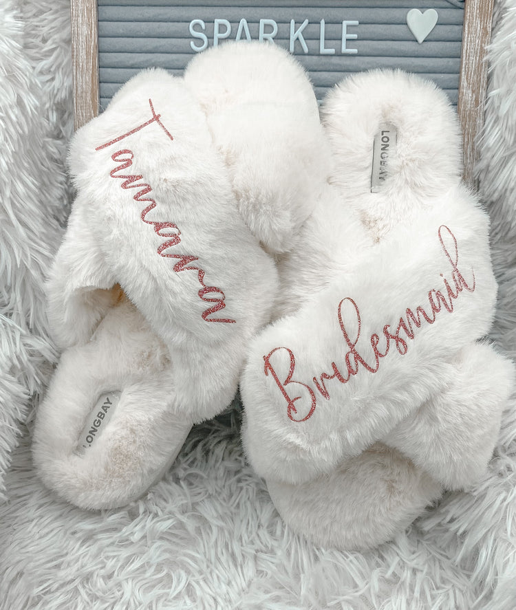 Personalized Bridal Shower Fluffy Slippers - Blooming Nuptials