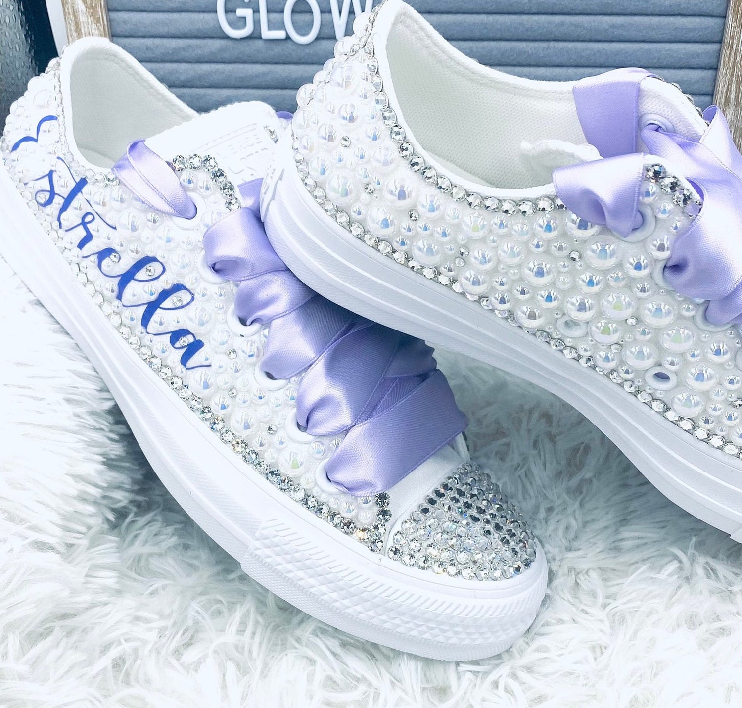 Purple and Silver Adult Tennis Shoes With Pearl's and Rhinestones